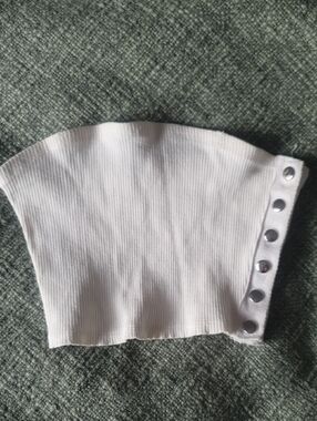 White Ribbed Snap-Button Bandeau Top